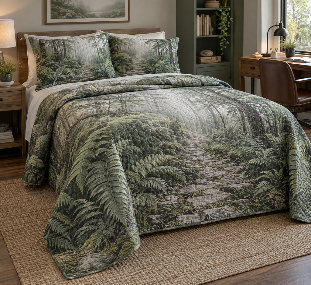 Fern Forest Floor Office Bedding Set with flat printed optical 3D smoky sage ferns, lichen stones and receding woodland trail
