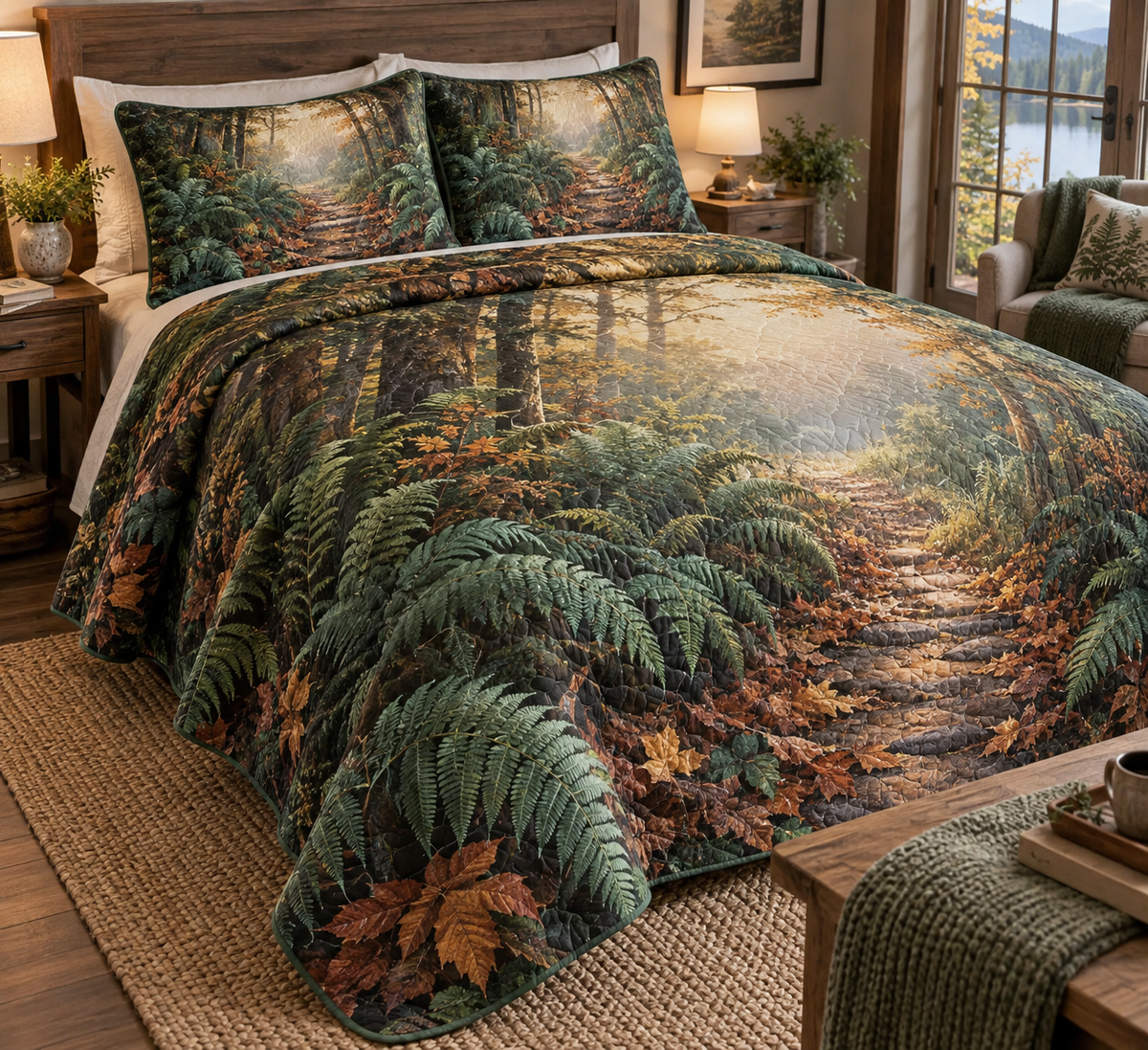 Fern Forest Floor Housewarming Bedding Set with flat printed optical 3D emerald ferns, copper leaves and homeward path; customer family name added after ordering