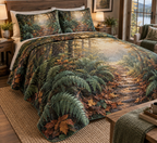 Fern Forest Floor Housewarming Bedding Set with flat printed optical 3D emerald ferns, copper leaves and homeward path; customer family name added after ordering