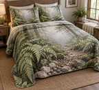 Fern Forest Floor Quiet Corner Bedding Set with flat printed optical 3D pale sage maidenhair ferns, ivory pebbles and misty forest path