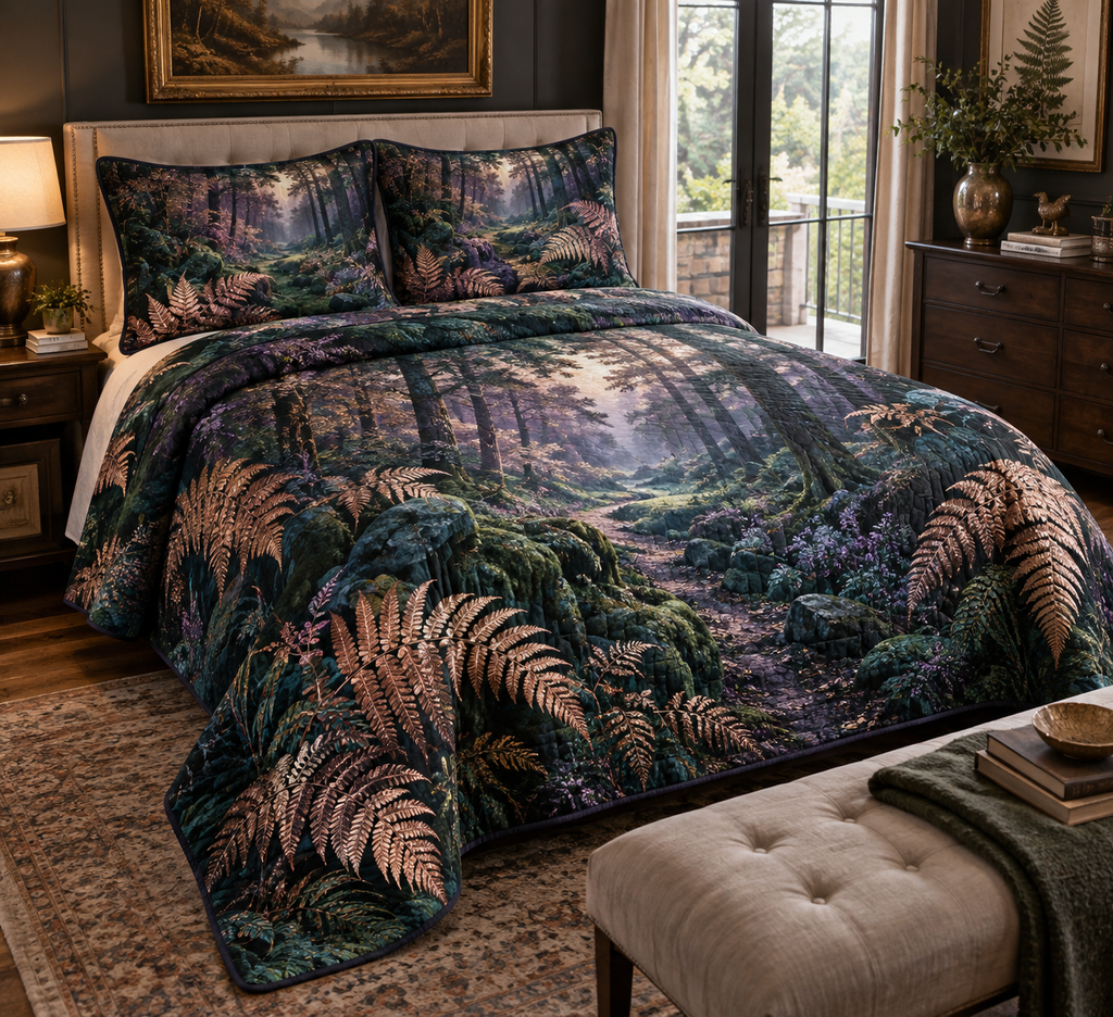 Fern Forest Floor Birthday Bedding Set with flat printed optical 3D copper-gold ferns, teal moss and violet forest path