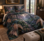 Fern Forest Floor Birthday Bedding Set with flat printed optical 3D copper-gold ferns, teal moss and violet forest path