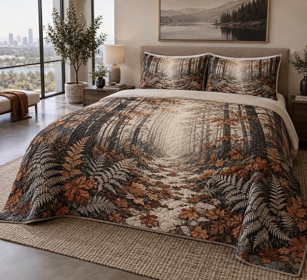 Fern Forest Floor Gallery Bedding Set with flat printed optical 3D charcoal ferns, terracotta leaves and geometric woodland path