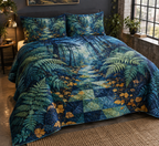 Fern Forest Floor Studio Bedding Set with flat printed optical 3D turquoise fern spirals, coral leaves and mosaic woodland path