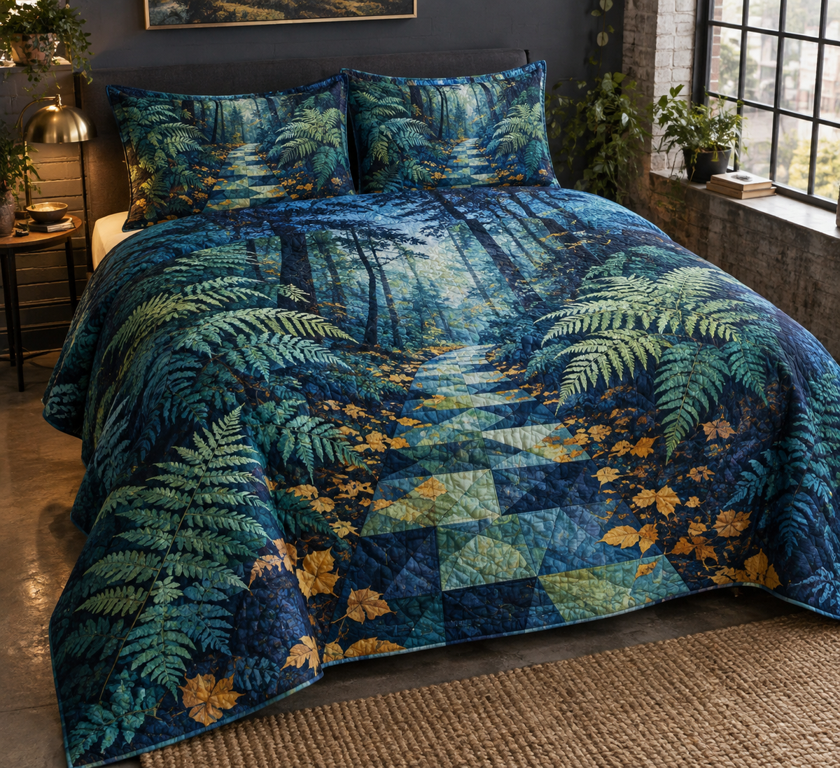 Fern Forest Floor Studio Bedding Set with flat printed optical 3D turquoise fern spirals, coral leaves and mosaic woodland path