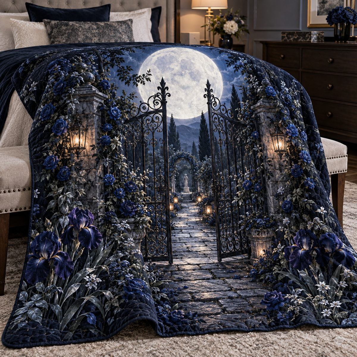 Fern Forest Host Gift Bedding Set with flat printed optical 3D emerald ferns, amber leaves and woodland trail