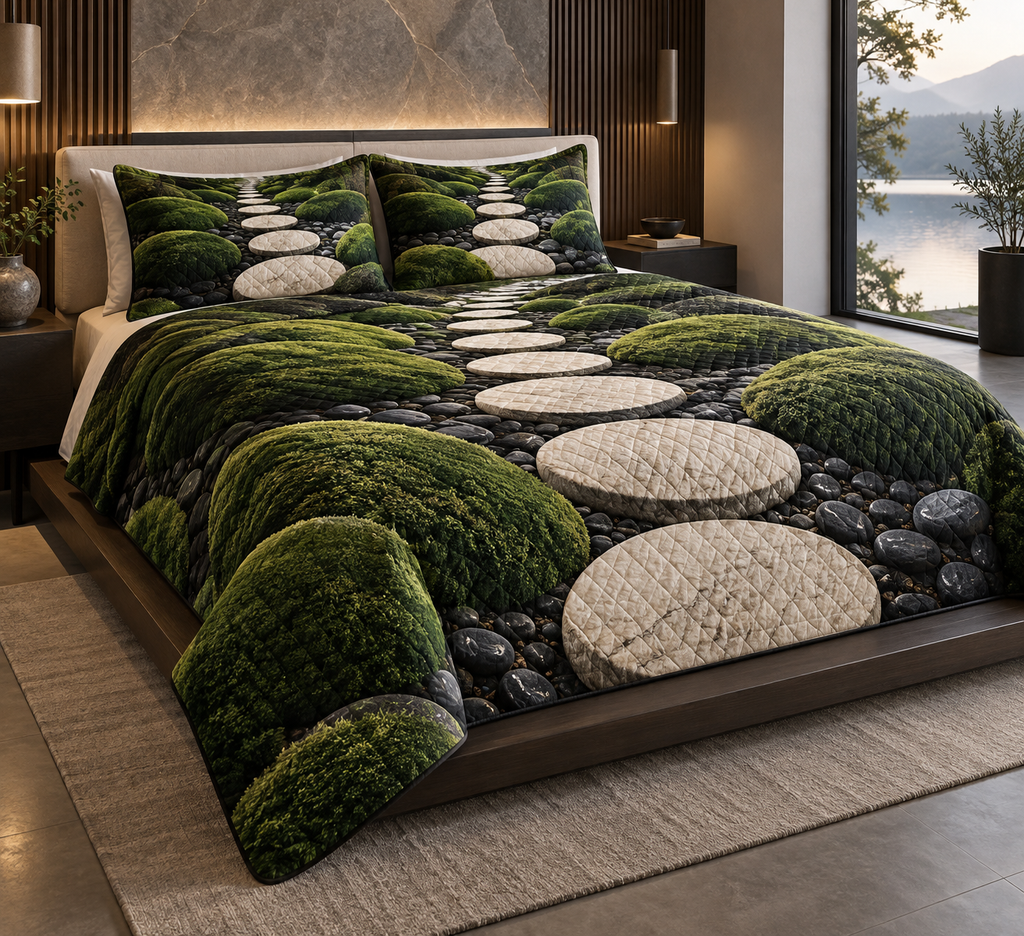 Moss and Stones Bedroom Bedding Set with flat printed optical 3D jade moss, travertine stones and geometric path