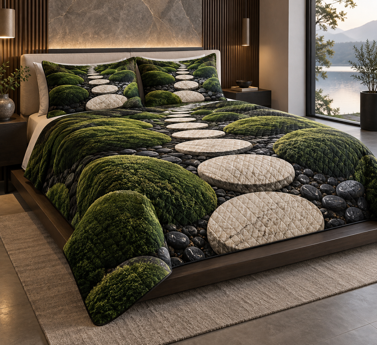 Moss and Stones Bedroom Bedding Set with flat printed optical 3D jade moss, travertine stones and geometric path
