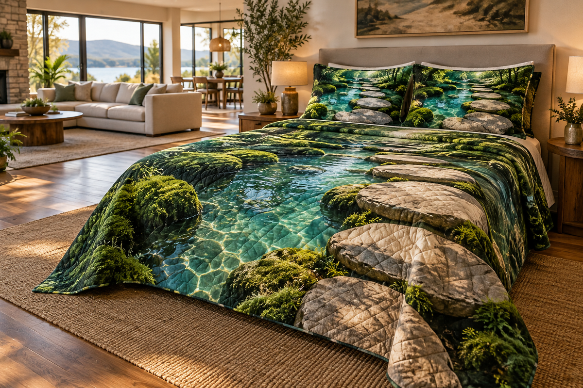Moss and Stones Living Room Bedding Set with flat printed optical 3D malachite moss, sandstone and receding riverbed
