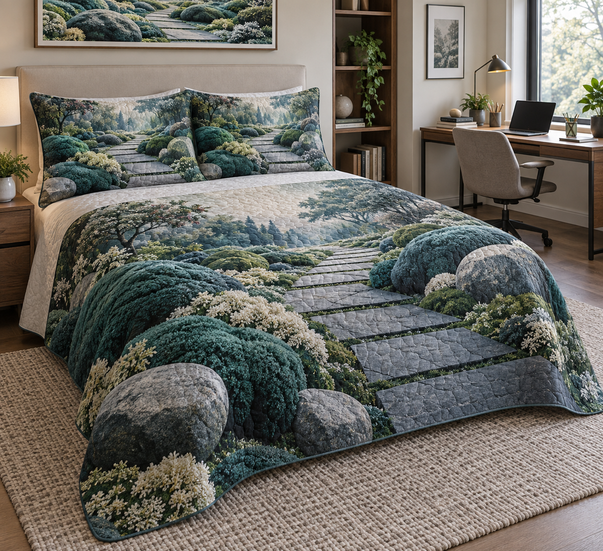 Moss and Stones Office Bedding Set with flat printed optical 3D blue-green moss, gray river stones and flagstone path