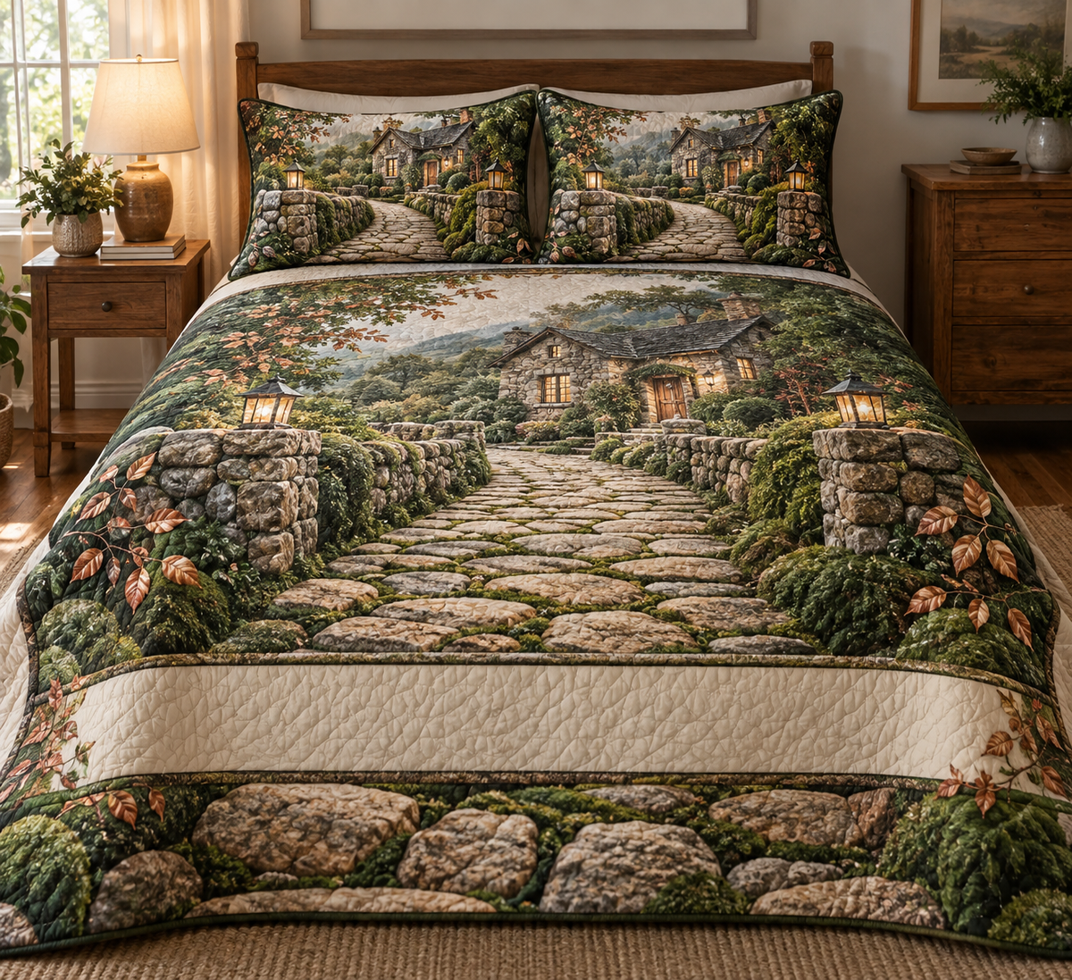 Moss and Stones Housewarming Bedding Set with flat printed optical 3D green moss, river stones and homeward path; customer family name added after ordering
