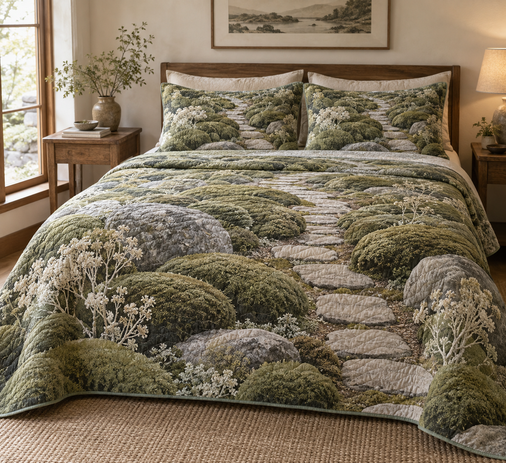 Moss and Stones Quiet Corner Bedding Set with flat printed optical 3D sage moss, pale pebbles and gentle flagstone path