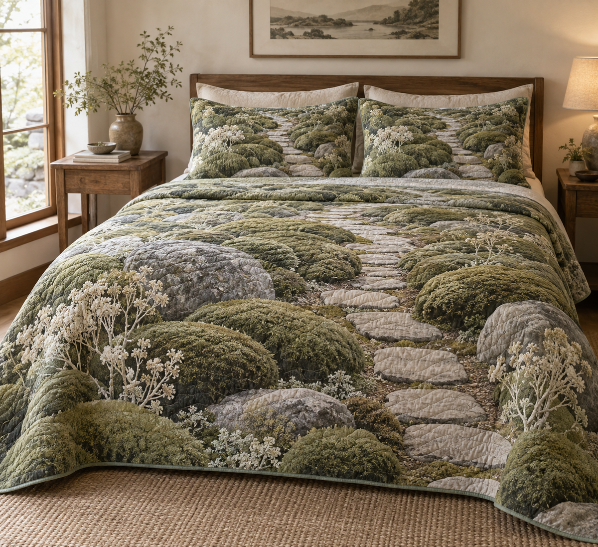 Moss and Stones Quiet Corner Bedding Set with flat printed optical 3D sage moss, pale pebbles and gentle flagstone path
