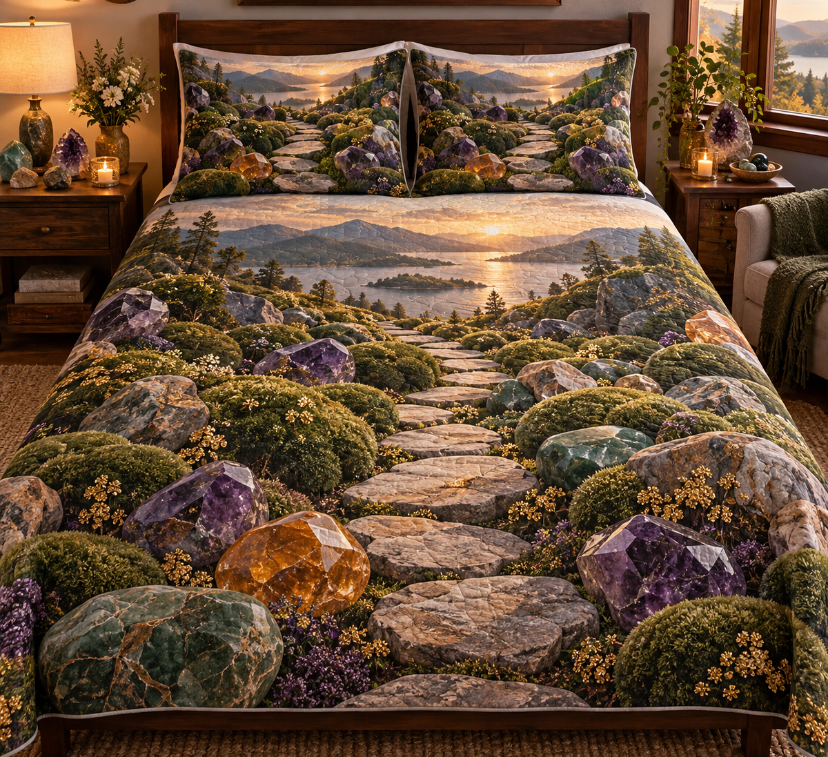 Moss and Stones Collector Bedding Set with flat printed optical 3D jewel-toned moss, polished stones and gallery path