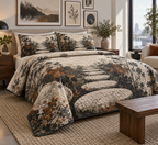 Moss and Stones Gallery Bedding Set with flat printed optical 3D charcoal moss, pale stones and courtyard path