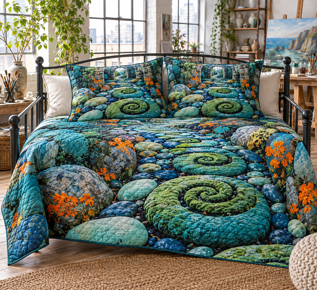 Moss and Stones Studio Bedding Set with flat printed optical 3D teal moss, cobalt stones and mosaic path