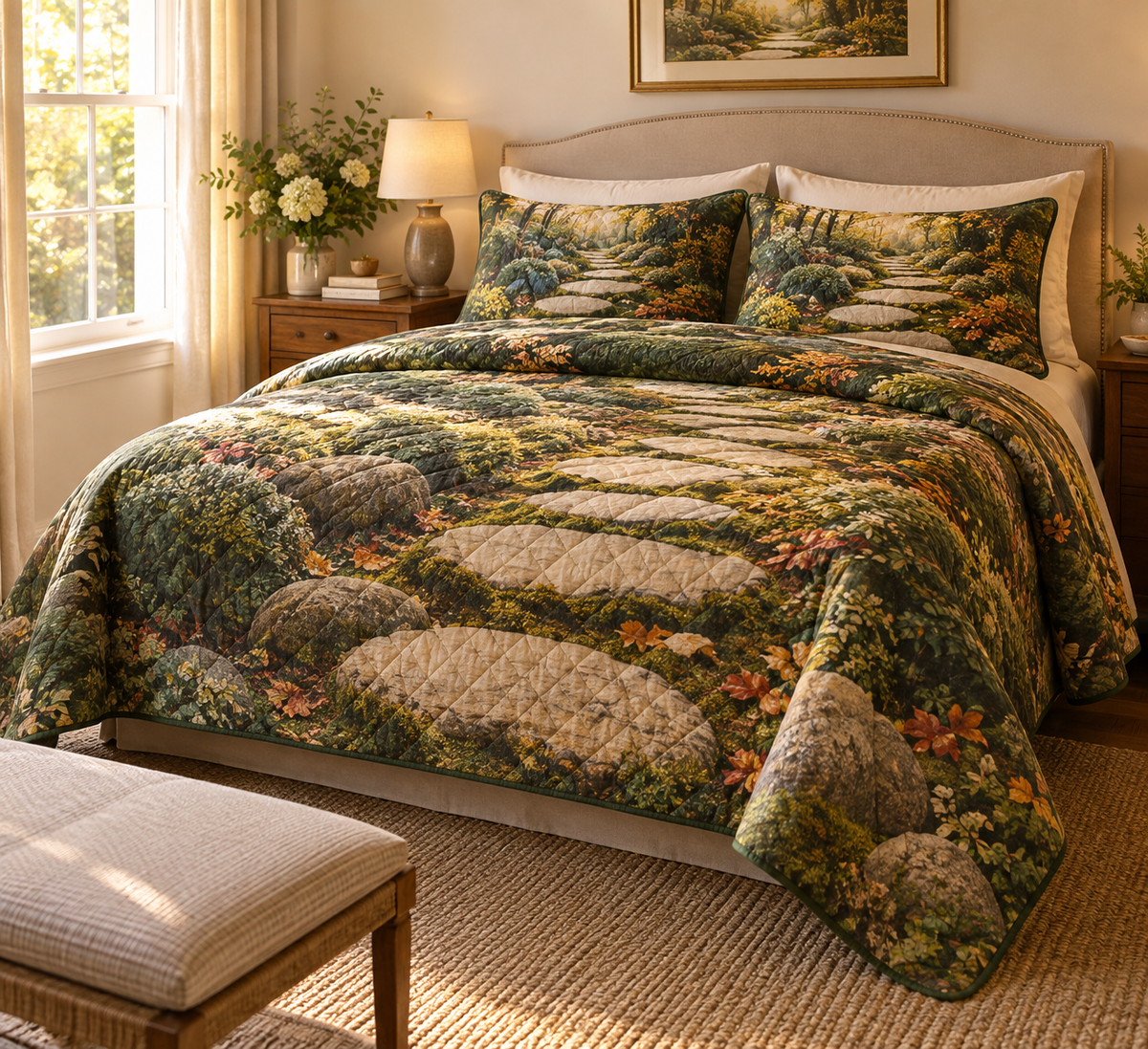 Moss and Stones Host Gift Bedding Set with flat printed optical 3D forest moss, honey stones and homeward path