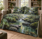 Forest Stream Nook Bedding Set with flat printed optical 3D turquoise forest stream, mossy stones and fern shadows