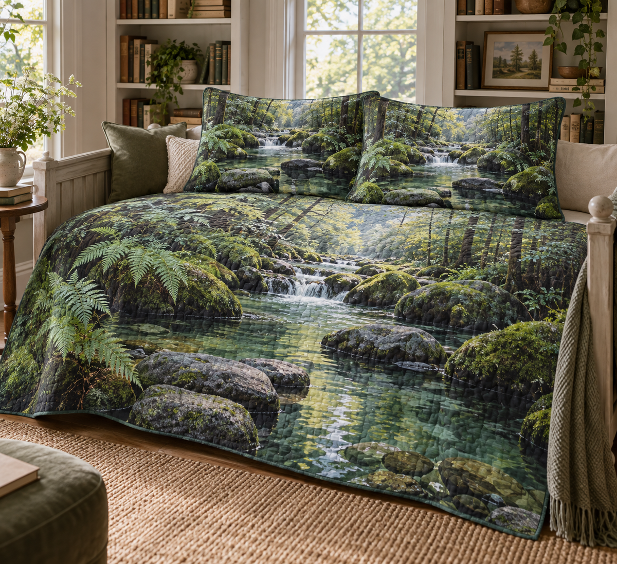 Forest Stream Nook Bedding Set with flat printed optical 3D turquoise forest stream, mossy stones and fern shadows