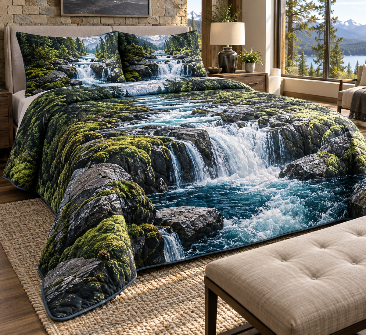 Forest Stream Bedroom Bedding Set with flat printed optical 3D cobalt forest stream, emerald rocks and plunging creekbed