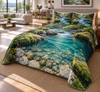 Forest Stream Living Room Bedding Set with flat printed optical 3D azure forest stream, emerald banks and riverbed