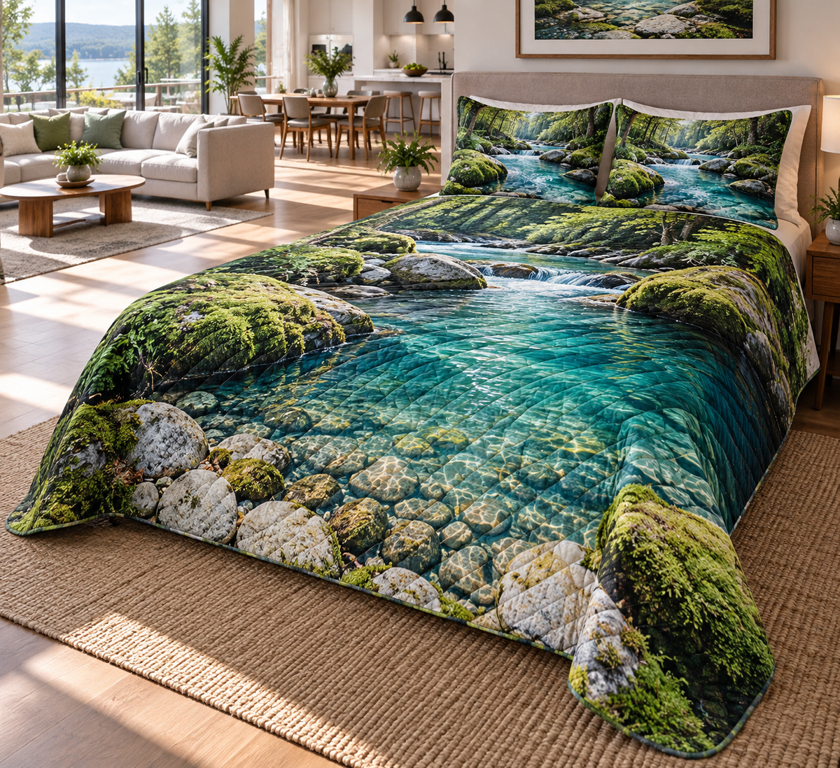 Forest Stream Living Room Bedding Set with flat printed optical 3D azure forest stream, emerald banks and riverbed