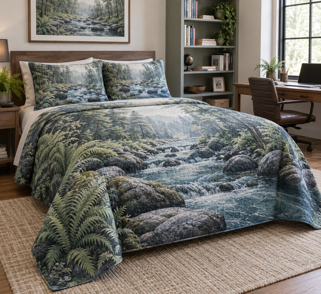 Forest Stream Office Bedding Set with flat printed optical 3D teal forest stream, slate stones and sage banks