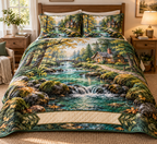 Forest Stream Housewarming Bedding Set with flat printed optical 3D jade creek, warm stones and homeward path; customer family name added after ordering
