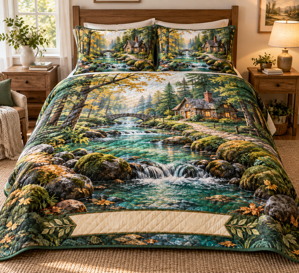 Forest Stream Housewarming Bedding Set with flat printed optical 3D jade creek, warm stones and homeward path; customer family name added after ordering