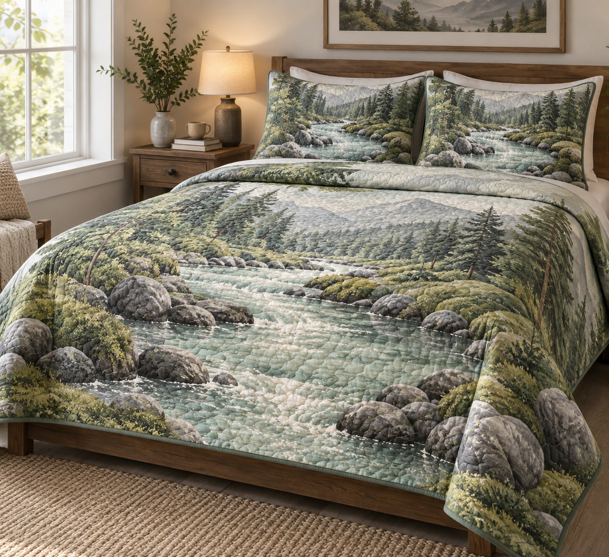 Forest Stream Quiet Corner Bedding Set with flat printed optical 3D pale aqua stream, sage banks and cream pebbles