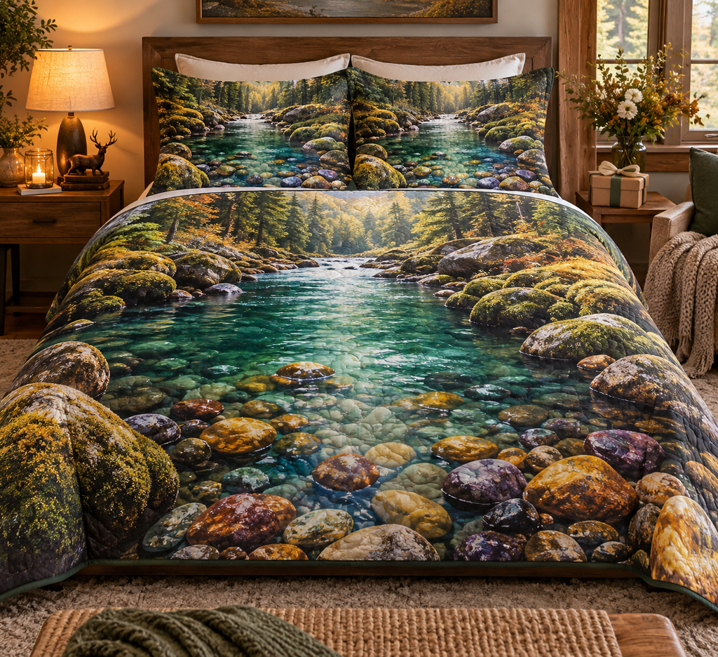 Forest Stream Collector Bedding Set with flat printed optical 3D emerald creek, polished stones and gold lichen