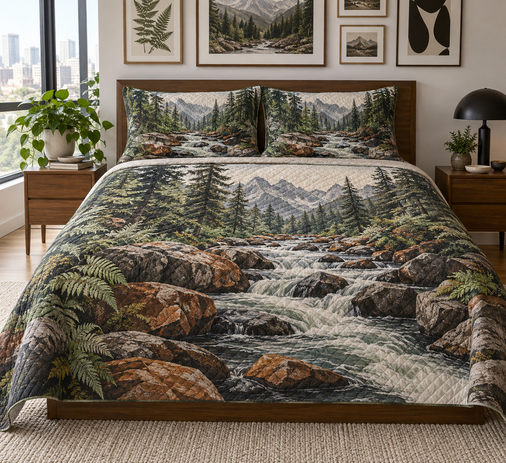 Forest Stream Gallery Bedding Set with flat printed optical 3D charcoal creek banks, ivory water and terracotta stones