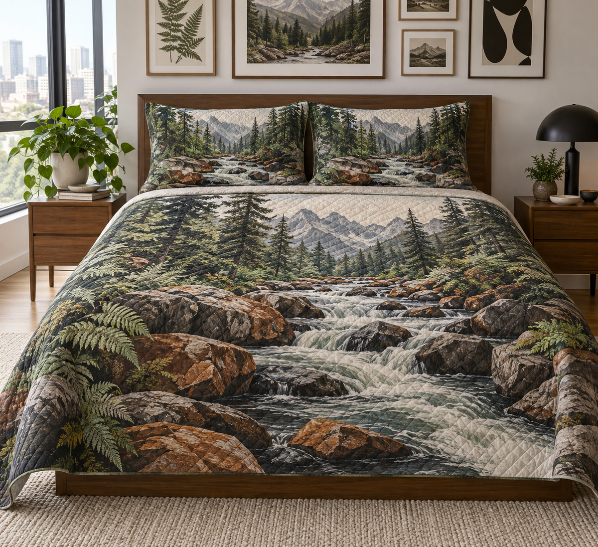 Forest Stream Gallery Bedding Set with flat printed optical 3D charcoal creek banks, ivory water and terracotta stones