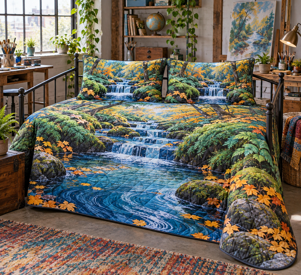 Forest Stream Studio Bedding Set with flat printed optical 3D turquoise stream, cobalt stones and mosaic creek