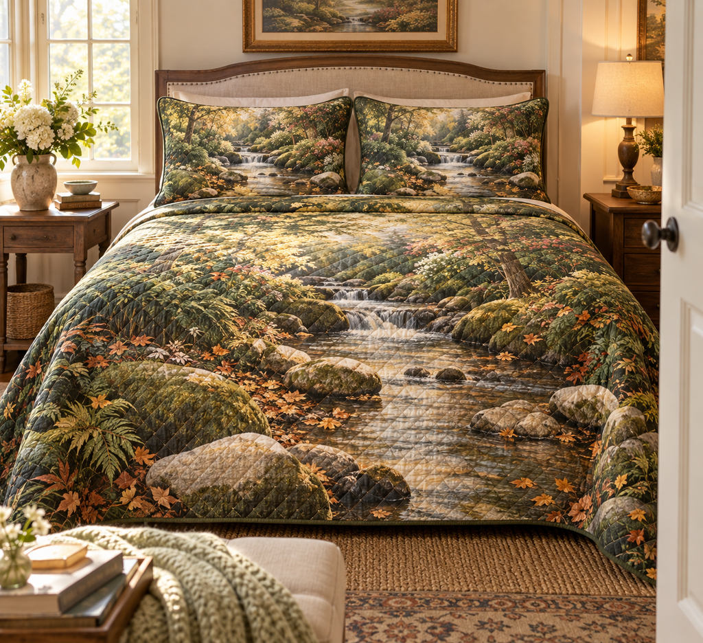 Forest Stream Host Gift Bedding Set with flat printed optical 3D jade stream, honey stones and homeward creek