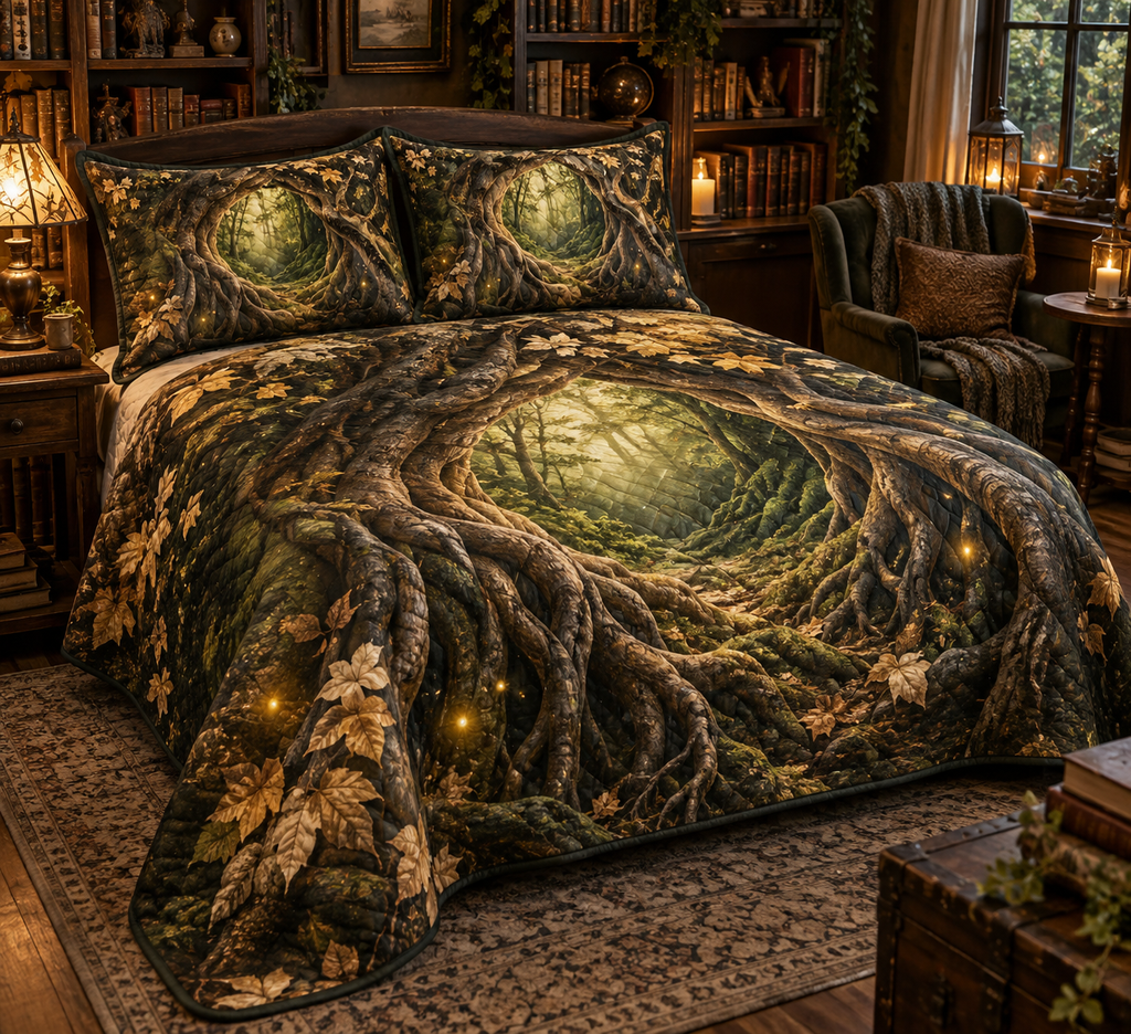 Enchanted Roots Reading Nook Bedding Set with flat printed optical 3D oak roots, mossy hollows and bronze leaves