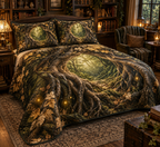 Enchanted Roots Reading Nook Bedding Set with flat printed optical 3D oak roots, mossy hollows and bronze leaves