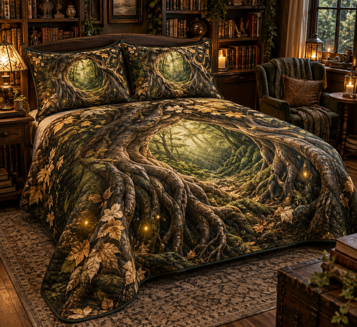Enchanted Roots Reading Nook Bedding Set with flat printed optical 3D oak roots, mossy hollows and bronze leaves