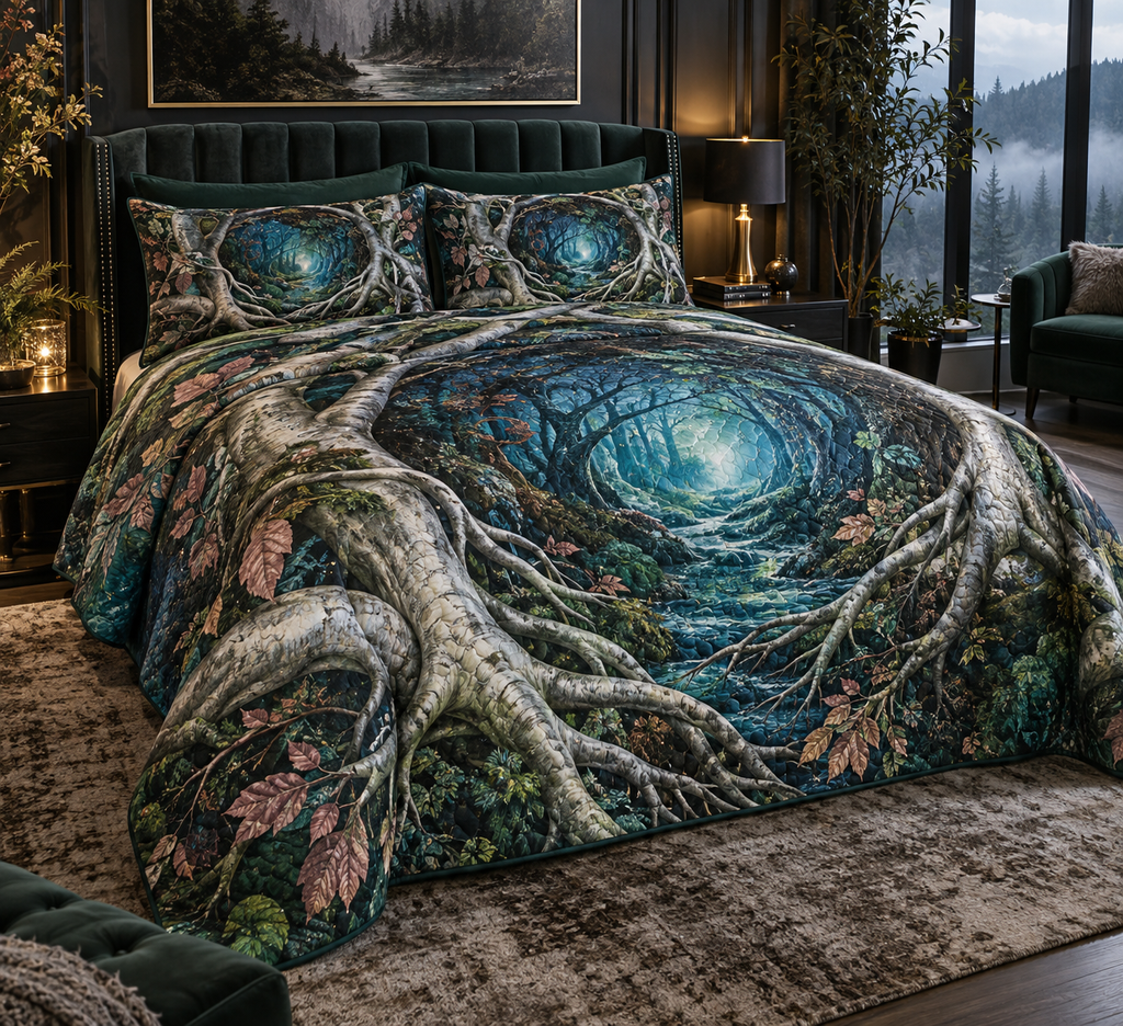 Enchanted Roots Bedroom Bedding Set with flat printed optical 3D ancient roots, emerald moss and copper leaves