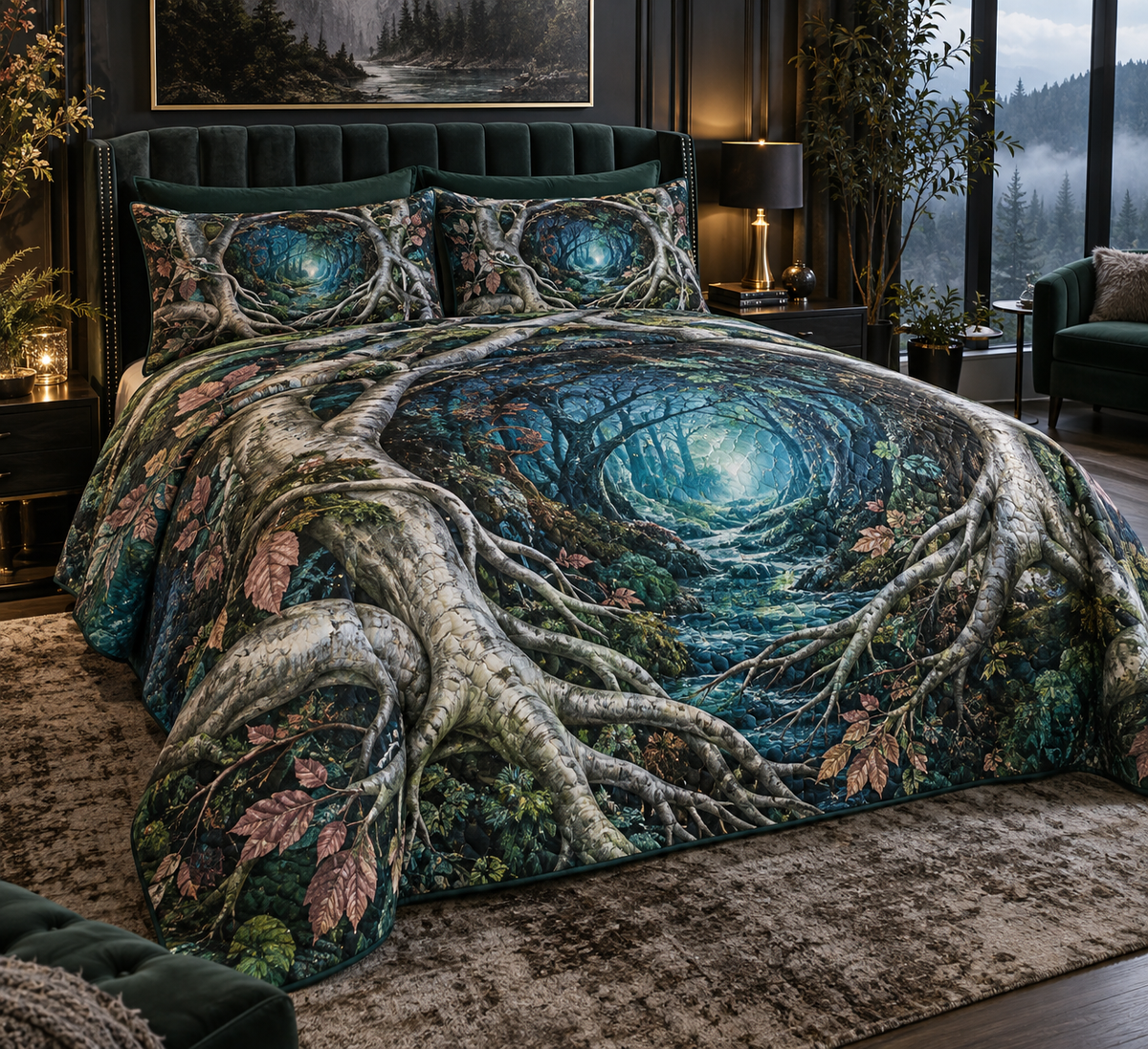 Enchanted Roots Bedroom Bedding Set with flat printed optical 3D ancient roots, emerald moss and copper leaves