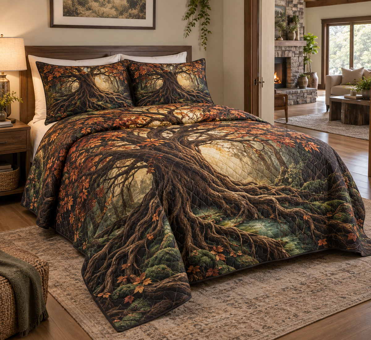 Enchanted Roots Living Room Bedding Set with flat printed optical 3D oak roots, turquoise moss and copper foliage