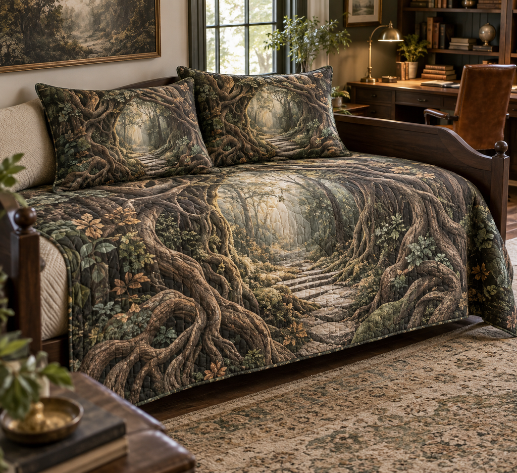 Enchanted Roots Home Office Bedding Set with flat printed optical 3D tree roots, sage moss and copper leaves