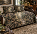 Enchanted Roots Home Office Bedding Set with flat printed optical 3D tree roots, sage moss and copper leaves