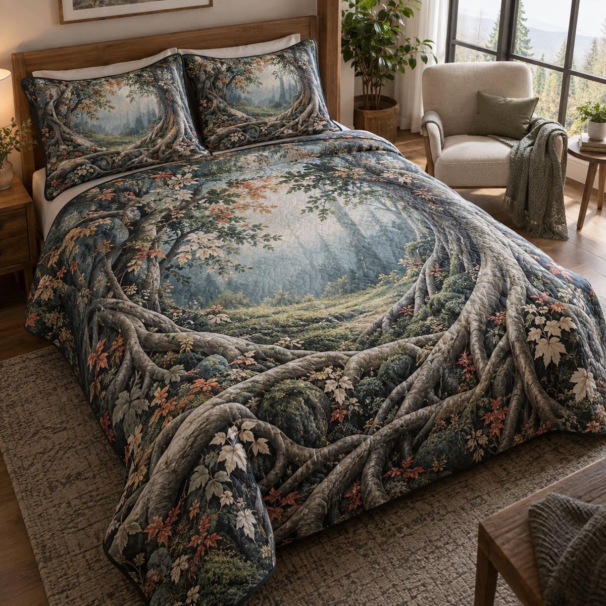 Enchanted Roots Quiet Corner Bedding Set with flat printed optical 3D graceful roots, sage moss and gold leaves