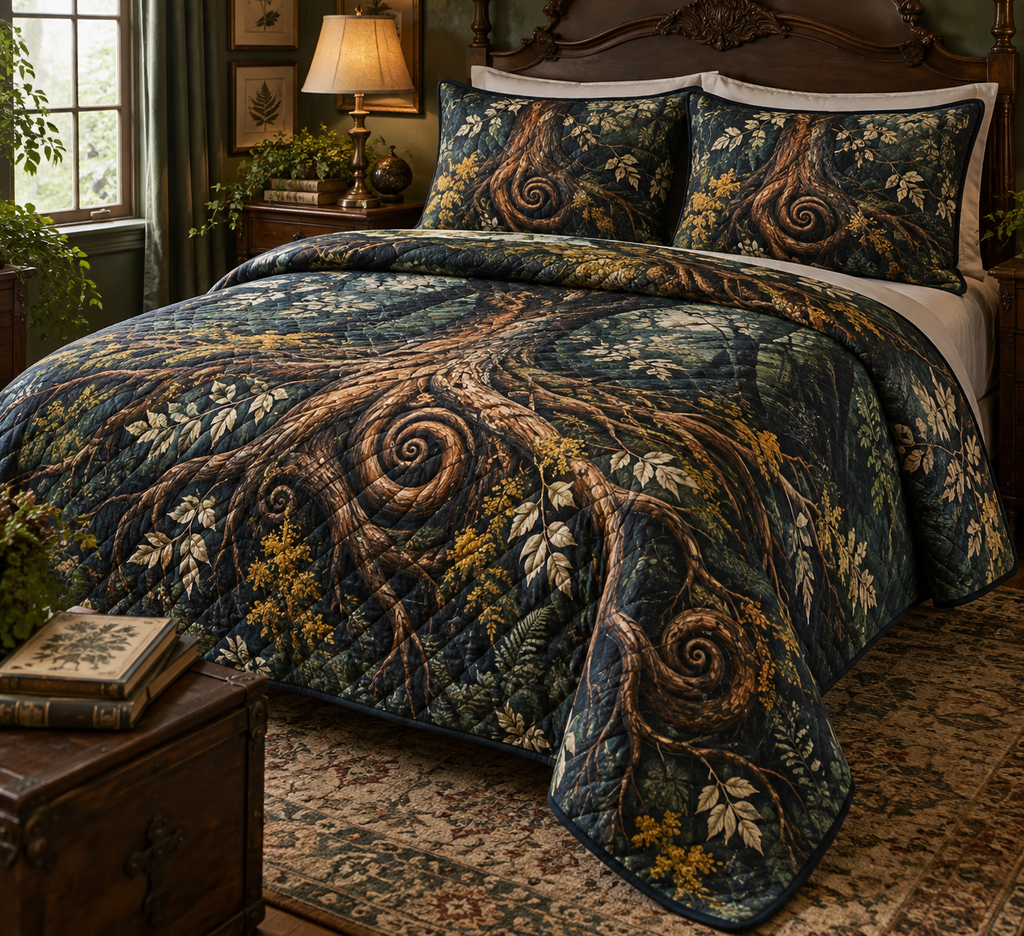 Enchanted Roots Collector Gift Bedding Set with flat printed optical 3D antique roots, jewel-toned moss and burgundy leaves