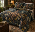 Enchanted Roots Collector Gift Bedding Set with flat printed optical 3D antique roots, jewel-toned moss and burgundy leaves