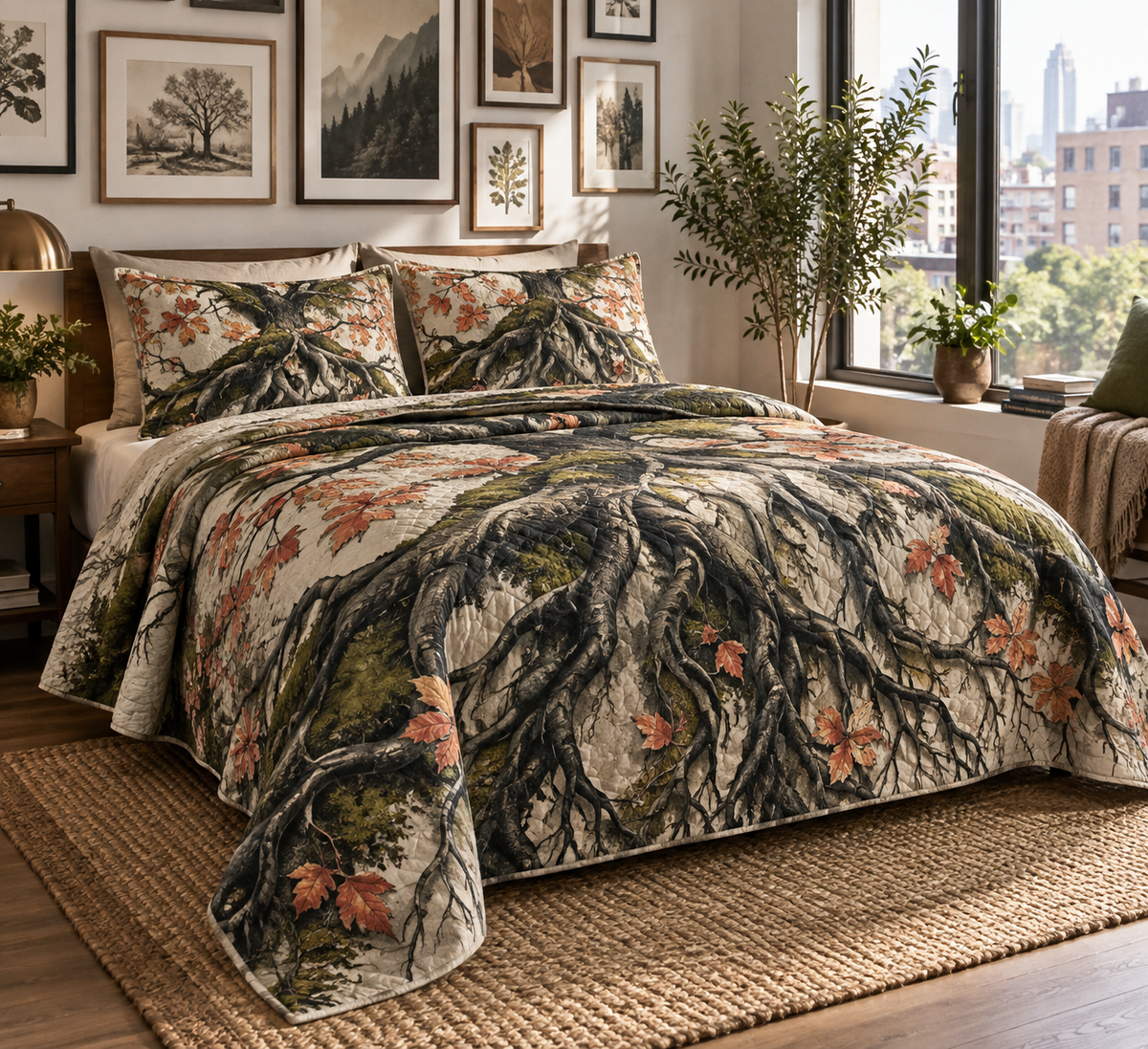 Enchanted Roots Gallery Wall Bedding Set with flat printed optical 3D charcoal roots, teal moss and terracotta leaves