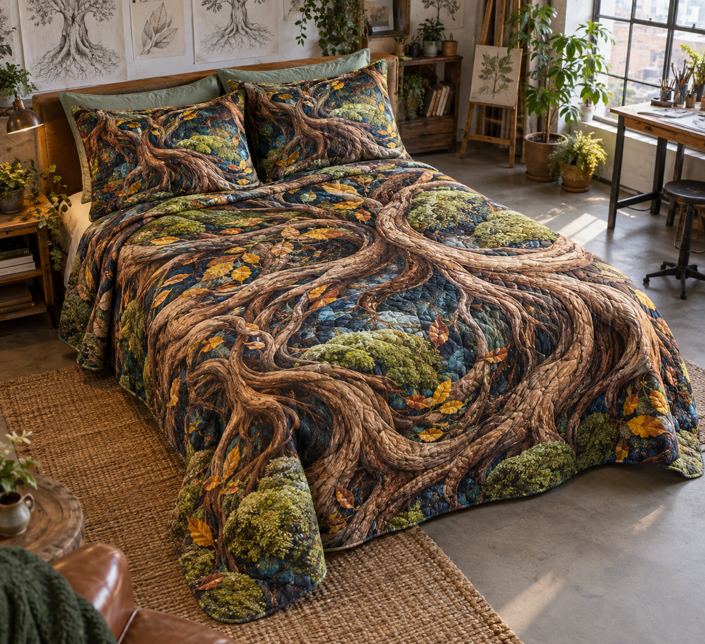 Enchanted Roots Studio Bedding Set with flat printed optical 3D spiraling oak roots, teal moss and coral lichen
