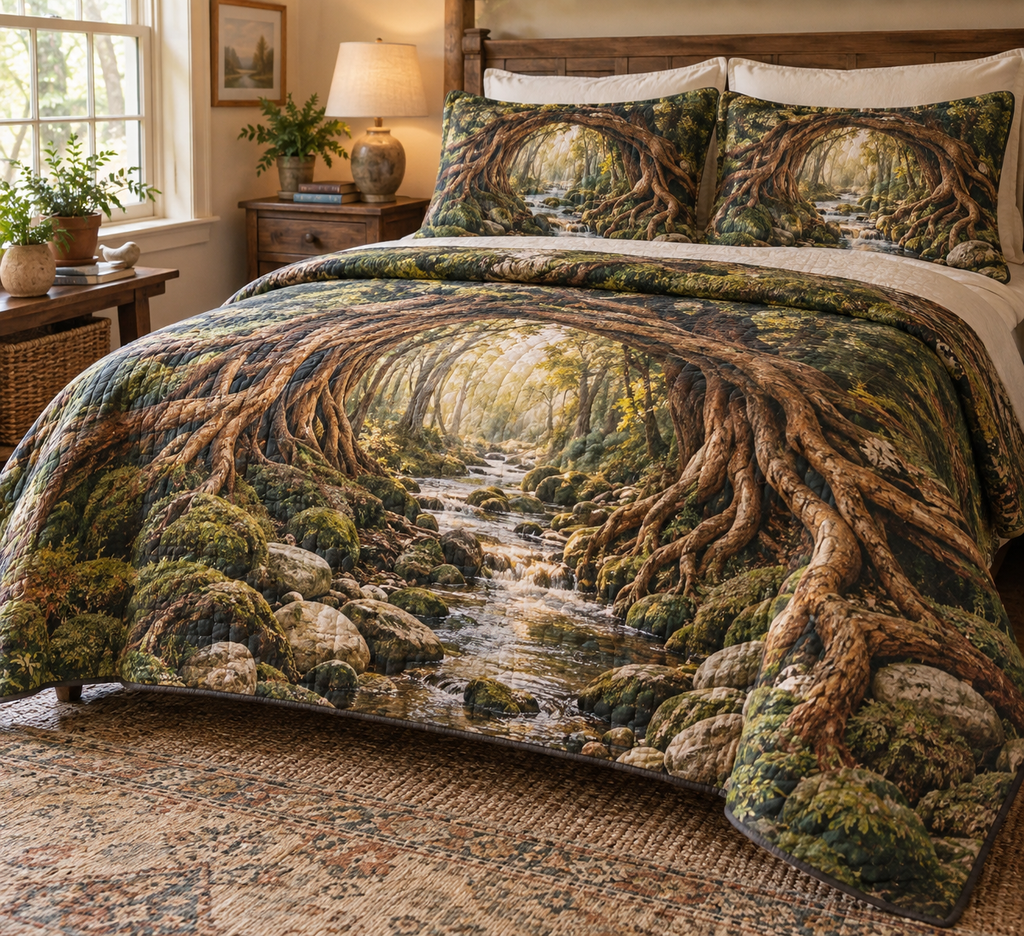 Enchanted Roots Host Gift Bedding Set with flat printed optical 3D oak roots, moss and honey-gold leaves