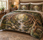 Enchanted Roots Host Gift Bedding Set with flat printed optical 3D oak roots, moss and honey-gold leaves